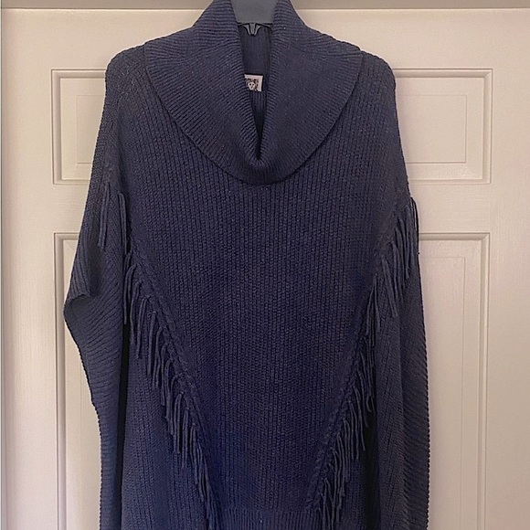 Boho Fringe Short Sleeve Poncho Navy Blue Batwing Sleeves Women’s Size Large - Picture 1 of 9